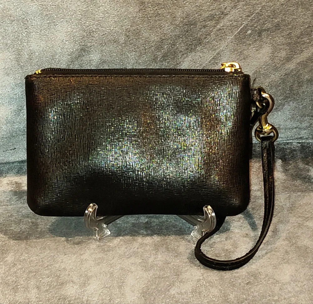 COACH BLACK SAFFIANO LEATHER TOP ZIP WRISTLET / CLUTCH WITH 3 CARD SLOTS